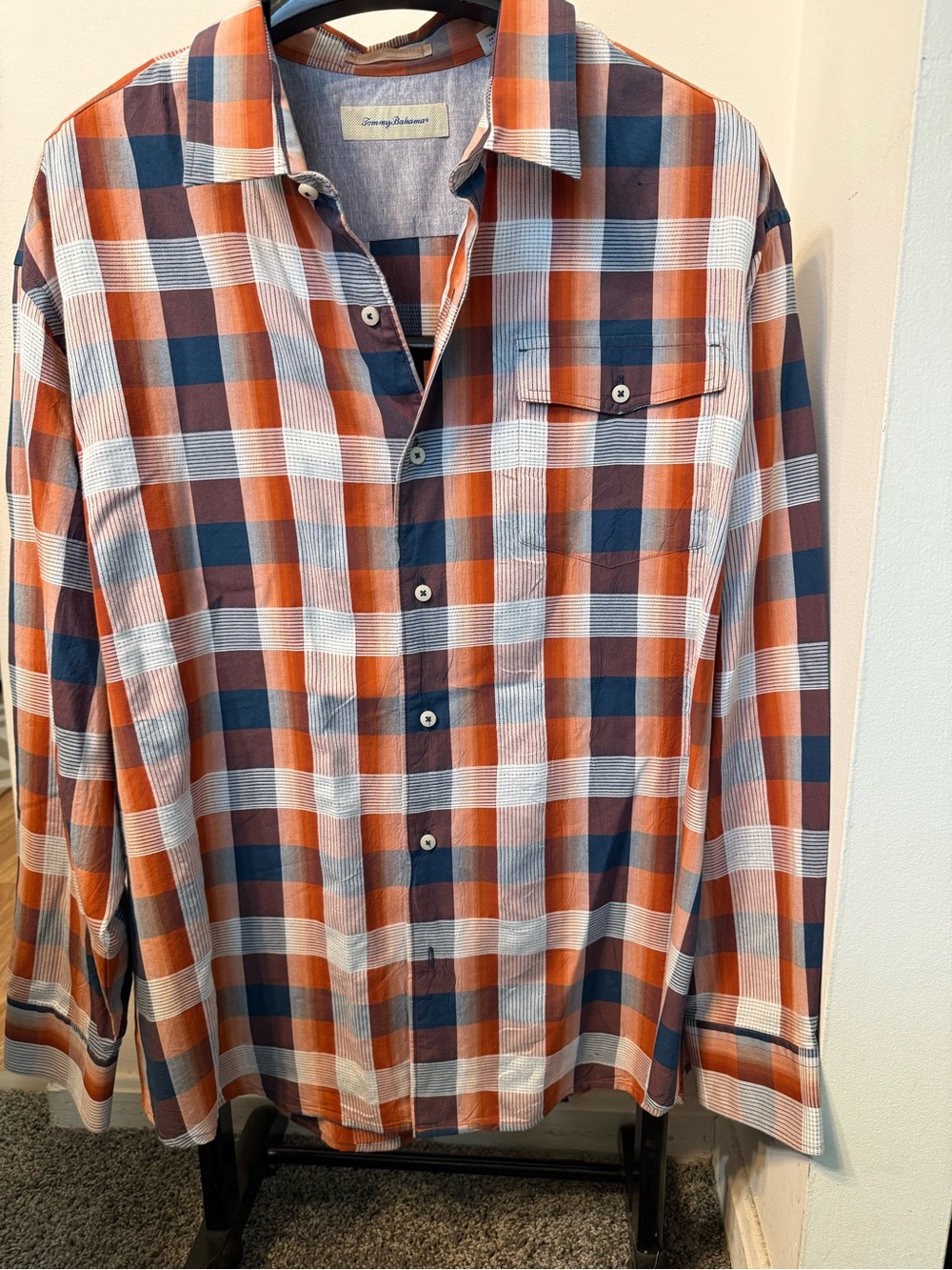 Tommy Bahama Button Up Shirt Long Sleeve Blue Orange Plaid Mens 2xl Silk Blend